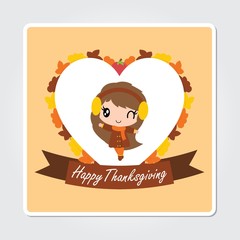 Cute girl in maple leaves wreath on love frame vector cartoon illustration for thanksgiving's day card design, wallpaper and greeting card 