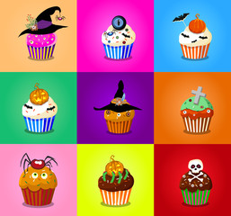 Set of cute halloween cupcake icons on multicolor background. Vector illustration, clip art. 