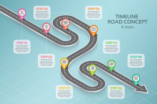 Isometric Navigation Map Infographic 8 Steps Timeline Concept