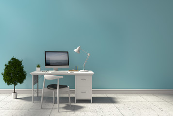 3D rendering of interior modern living room bright workspace with desk and laptop computer and green plants 