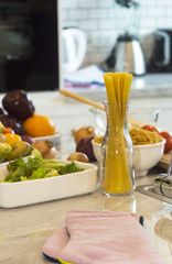 Close up spaghetti and Vegetables with ingredients ready.