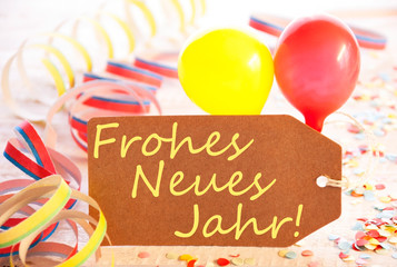 Party Label, Balloon, Streamer, Frohes Neues Means Happy New Year