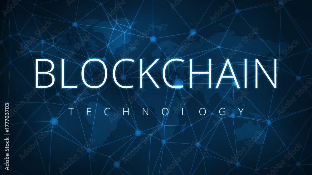 Poster blockchain technology on futuristic hud background with world map and blockchain peer to peer networ