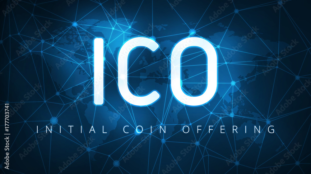 Poster ico initial coin offering futuristic hud background with world map and blockchain peer to peer netwo