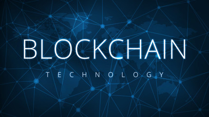Blockchain technology on futuristic hud background with world map and blockchain peer to peer network. Global cryptocurrency blockchain business banner concept.