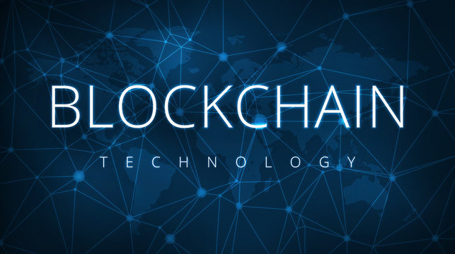 Blockchain technology on futuristic hud background with world map and blockchain peer to peer network. Global cryptocurrency blockchain business banner concept.