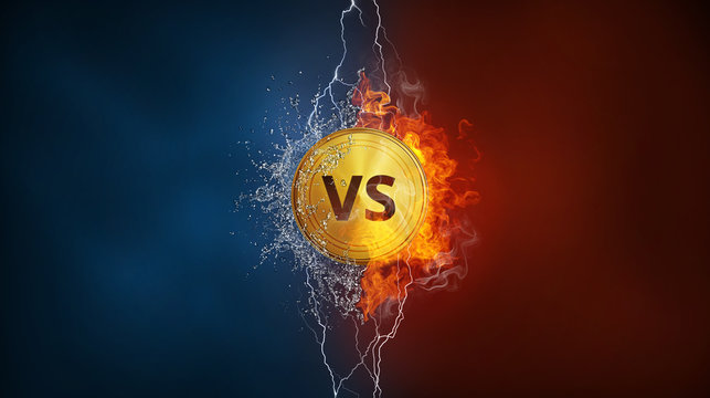 Versus VS sign exploding by elements fire flame, water splashes and lightning. Confrontation, competition, sport games, choice concept. Background for poster or banner. Vertical design with copy space