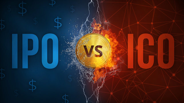 ICO initial coin offering vs IPO Initial Public Offering illustration with elements of fire flame, water splashes and lightning on background with blockchain peer to peer network and dollar symbols.