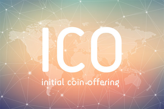 ICO initial coin offering futuristic background with world map and blockchain peer to peer network. Global cryptocurrency ICO coin sale event - blockchain business banner concept.