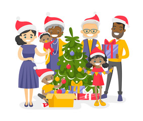 Big happy multiracial multigenerational family decorating the Christmas tree. Cheerful biracial grandparents, parents and kids celebrating Christmas. Vector isolated cartoon illustration.