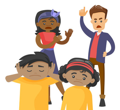 African mother and Caucasian white father scolding their kids. Kids feel sad while their multiracial parents quarreling. Multiracial mixed family concept. Vector isolated cartoon illustration.