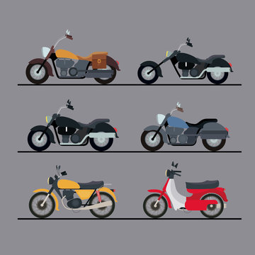 colorful motorcycles set with several models in gray background