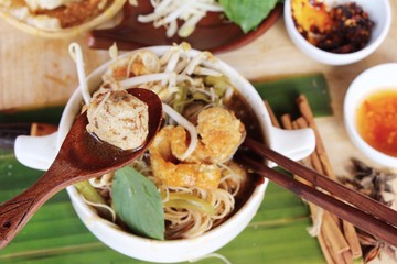 Pork noodle with vegetable and soup delicious