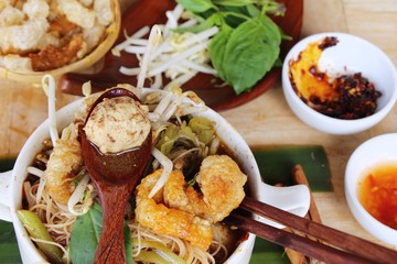 Pork noodle with vegetable and soup delicious