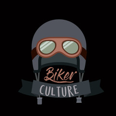 biker culture poster with helmet and glasses of motorcyclist in black background