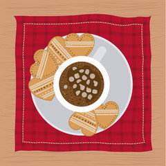 christmas napkin with dish and cookies shape of heart and cup of chocolate