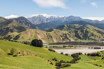 grassy hills above Clarence river valley in springtime, South Island, New Zealand 