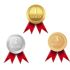 Gold, silver and bronze medals isolated on white background.  Trophy icon vector.
