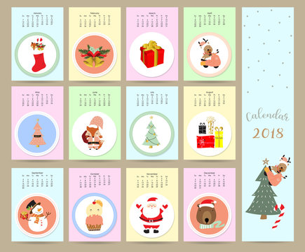 Colorful cute monthly calendar 2018 with wild,fox,bear,snowman,gift,christmas tree.Can be used for web,banner,poster,label and printable