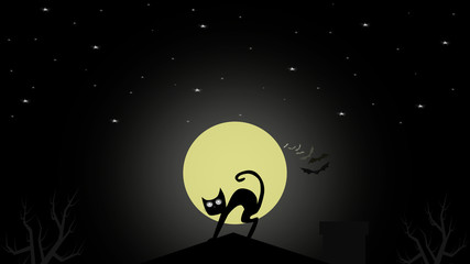 Halloween background.  Scary night of Halloween with a scared black cat on a house's roof.