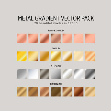Metal gradient vector pack. 28 beautiful shades in eps 10: rosegold, gold, silver and bronze.