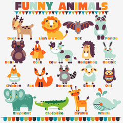 Big funny animal set in bright colors made of wild and domestic animals with their names written beside them