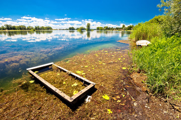 Fototapeta premium Old sinked boat on Soderica lake