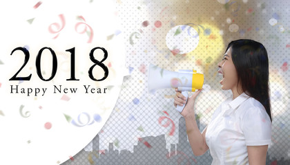 Asian business woman shout 2018 happy new year