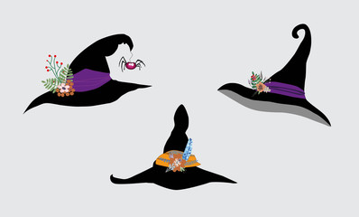 Fototapeta premium Set of witch hats decorated with flowers and spider isolated on white background. Vector illustration, clip art.