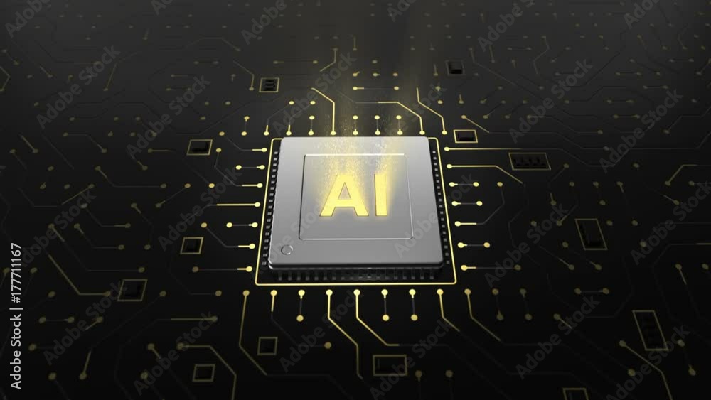 Poster 3d illustration of computer chip over circuit background with ai sign. ai(artificial intelligence) c