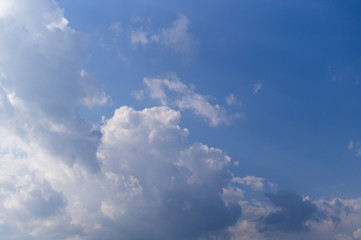 bright blue sky with clouds and sun. cumulus, background, weather.