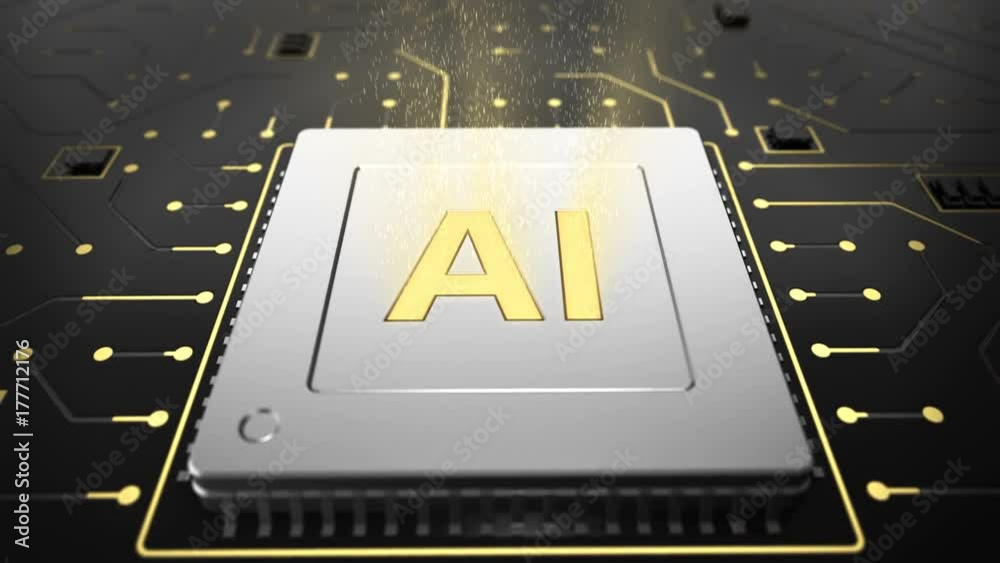 Poster 3d illustration of computer chip over circuit background with ai sign. ai(artificial intelligence) c