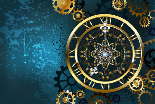 Golden clock on turquoise background