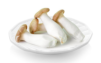mushrooms in a ceramic plate on white background