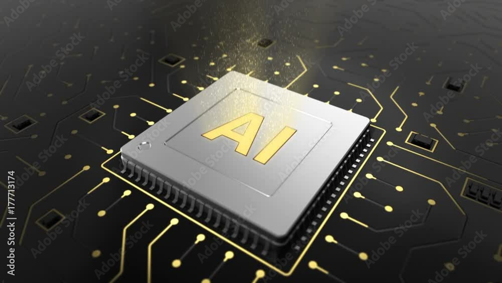 Poster 3d illustration of computer chip over circuit background with ai sign. ai(artificial intelligence) c