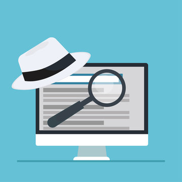 White hat seo banner. Magnifier, and other search engine optimization tools and tactics