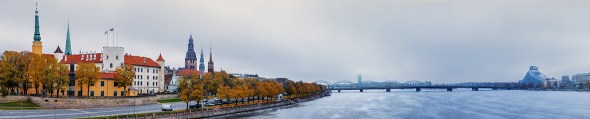Panoramic view on Riga city. The city is capital of Latvia and famous Baltic city widely known among tourists due to its unique medieval and Gothic architecture
