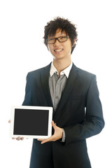 Asian business man  holds tablet computer