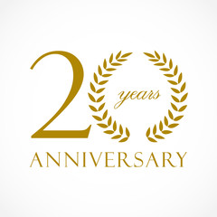 20 years old luxurious logotype. Congratulating 20th, 2nd numbers, letter O as circle palms tree, cup template. Isolated sign greetings symbol, celebrating traditional decorative retro style ear.