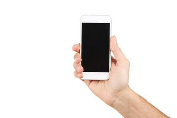Male hand holding smartphone on white background