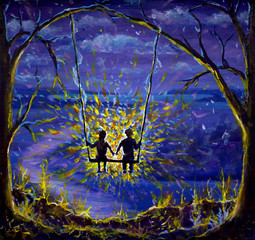 Original oil painting Lovers boy and girl ride on a swing in forest at night in Beautiful rays of love, night scenery, blue-violet evening - Modern impressionism painting. Illustration art.