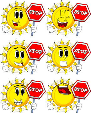 Cartoon sun holding a stop sign. Collection with happy faces. Expressions vector set.