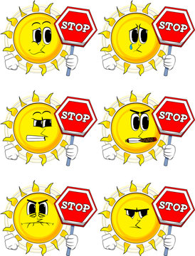 Cartoon sun holding a stop sign. Collection with sad faces. Expressions vector set.