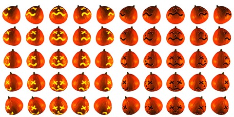 3D Rendering light up and normal of dejected Jack O Lantern or Halloween Pumpkin Head With 25 Difference angle  Isolated White Background.