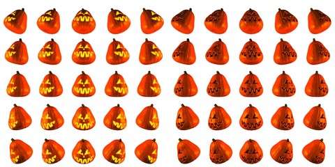3D Rendering light up and normal of smile and looking on the left Jack O Lantern or Halloween Pumpkin Head With 25 Difference angle  Isolated White Background.