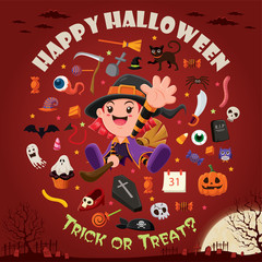 Vintage Halloween poster design with vector witch character.