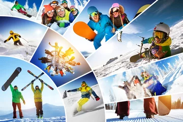 Papier Peint photo Lavable Sports dhiver Mosaïque collage ski snowboard sports d& 39 hiver