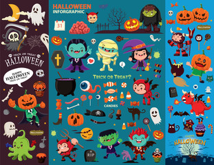 Vintage Halloween poster design with ghost, witch, vampire, mummy, reaper, zombie, pirate character.