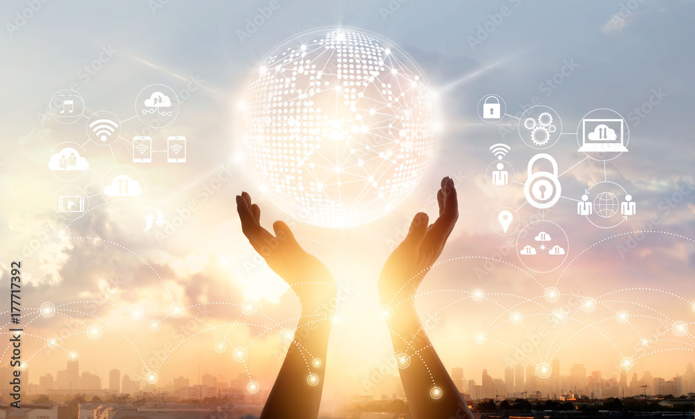 Poster businessman touching circle global network connection and data exchanges worldwide on city sunset ba