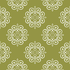 White floral seamless design on olive green background